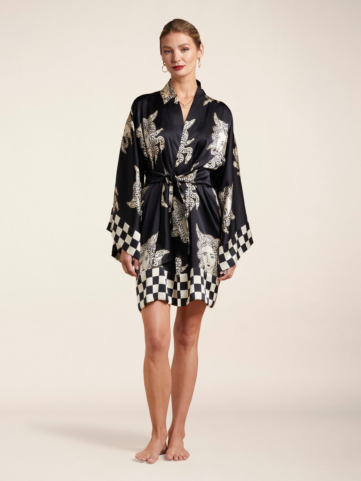 Selene Medusa Silk Satin Robe in Black