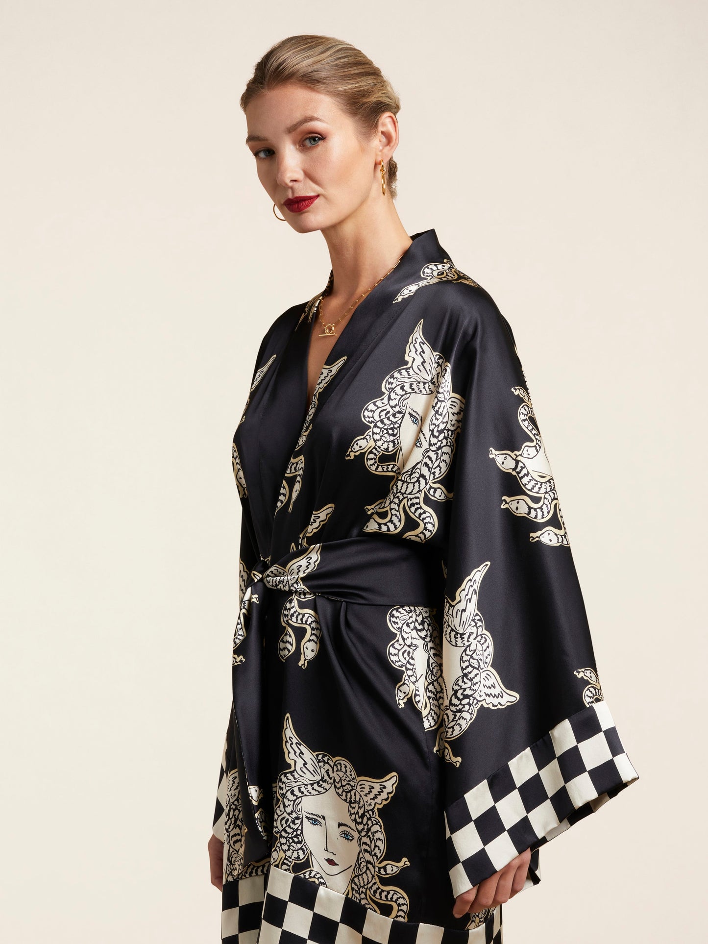 Selene Medusa Silk Satin Robe in Black